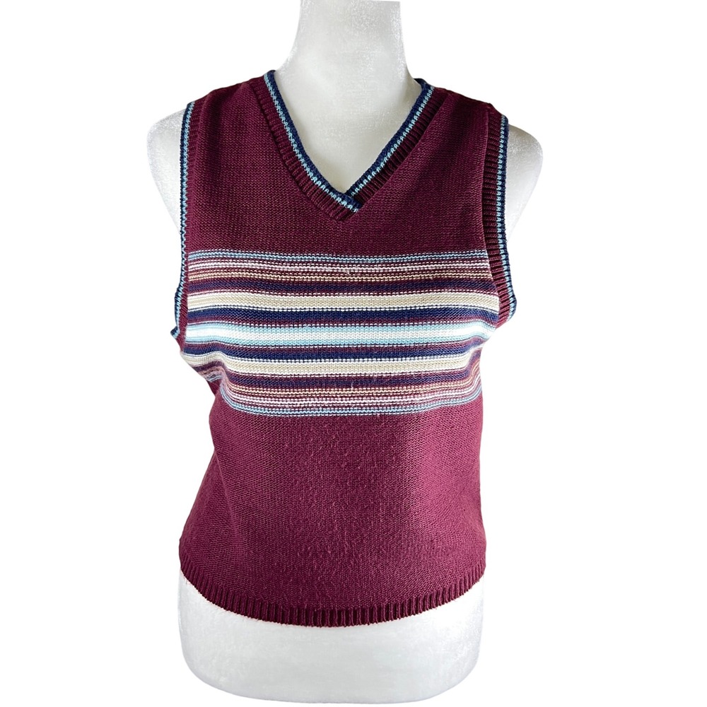 Arizona Jean Company Womens Burgundy Striped V Neck 90s Sweater Vest Size Large